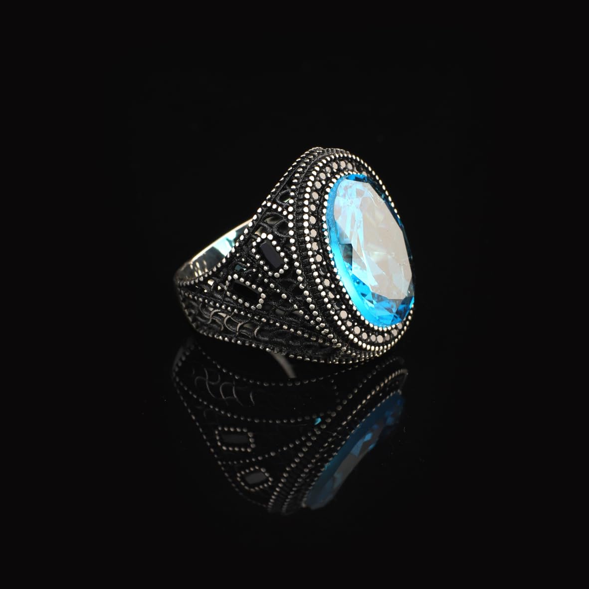 Mens Aquamarine Gemstone Ring – Handmade Ottoman Sterling Silver Engagement Ring