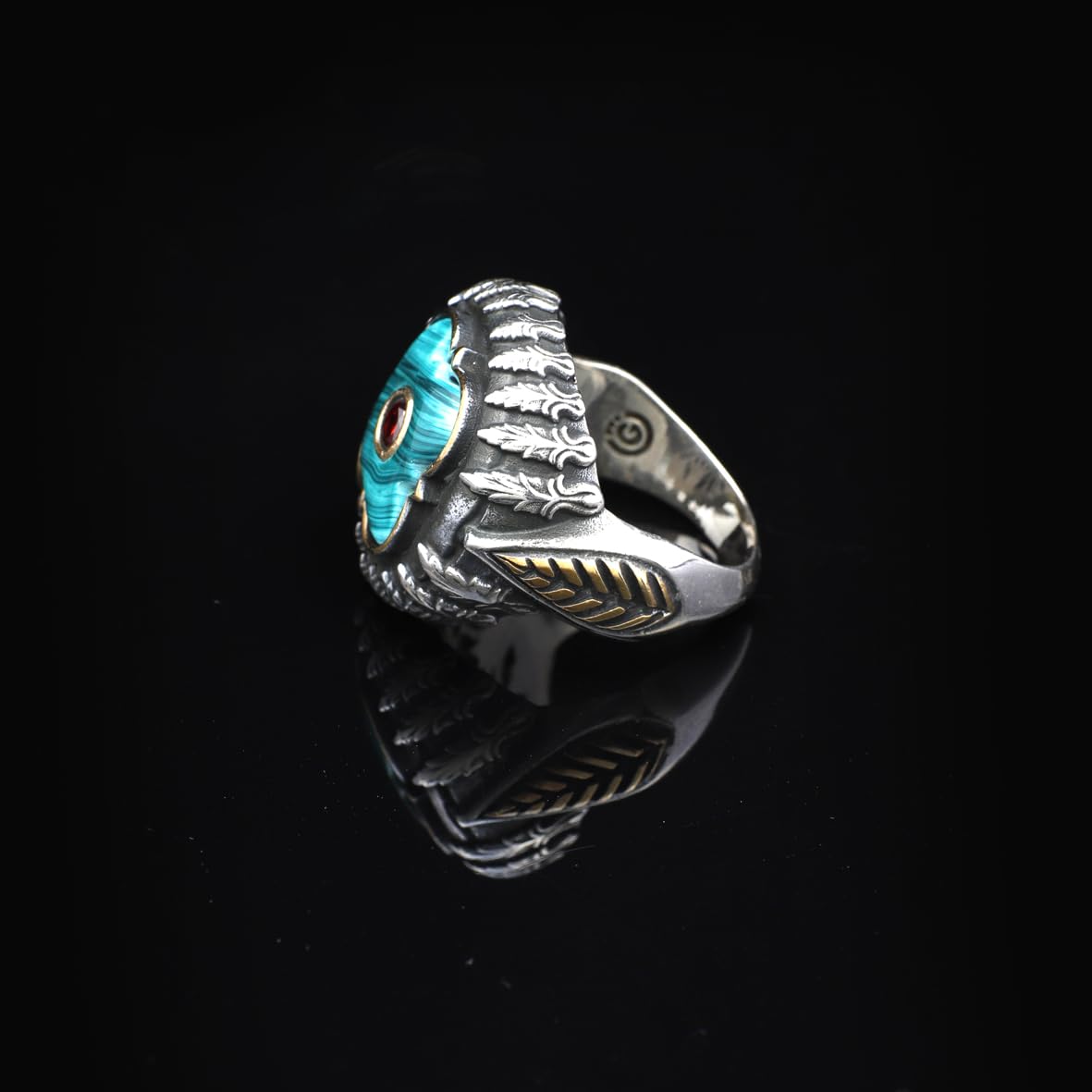Handmade Malachite and Ruby Knife Ring with Micro Stone Jewelery- Vintage 925 Sterling Silver Rings for Men - Includes Silver Polishing Cloth Gift