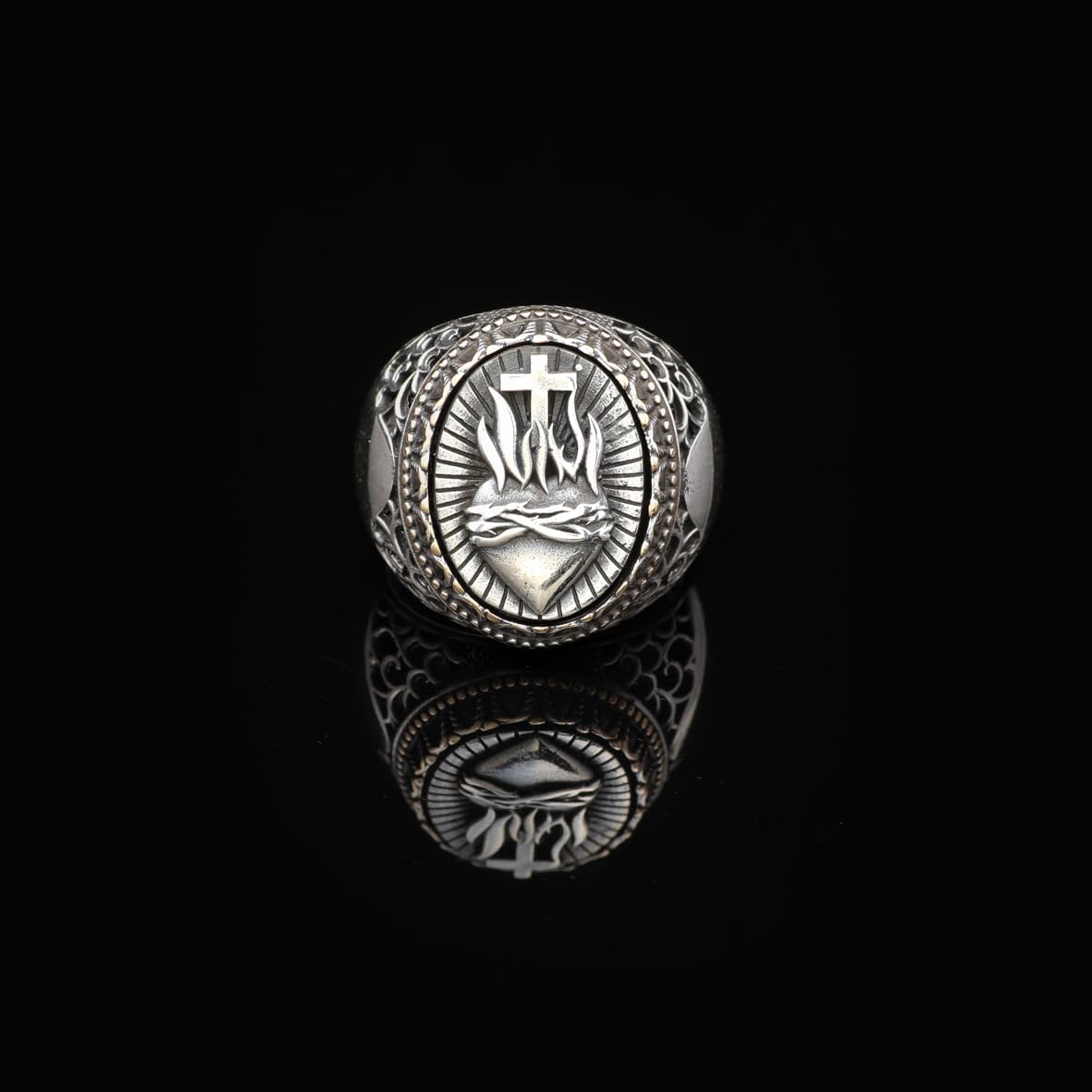 Vintage Heart Design Cross Signet Ring for Men - 925 Sterling Silver Christian Statement Ring - Polished Handmade Engagement Ring with Custom Engraving