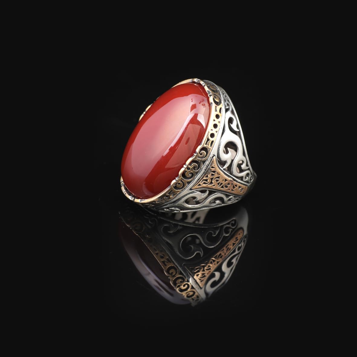 Carnelian Ring - Oval Stone - Large Gemstone Ring - Men's Vintage Handmade 925 Sterling Silver Ring with Silver Polishing Cloth Gift