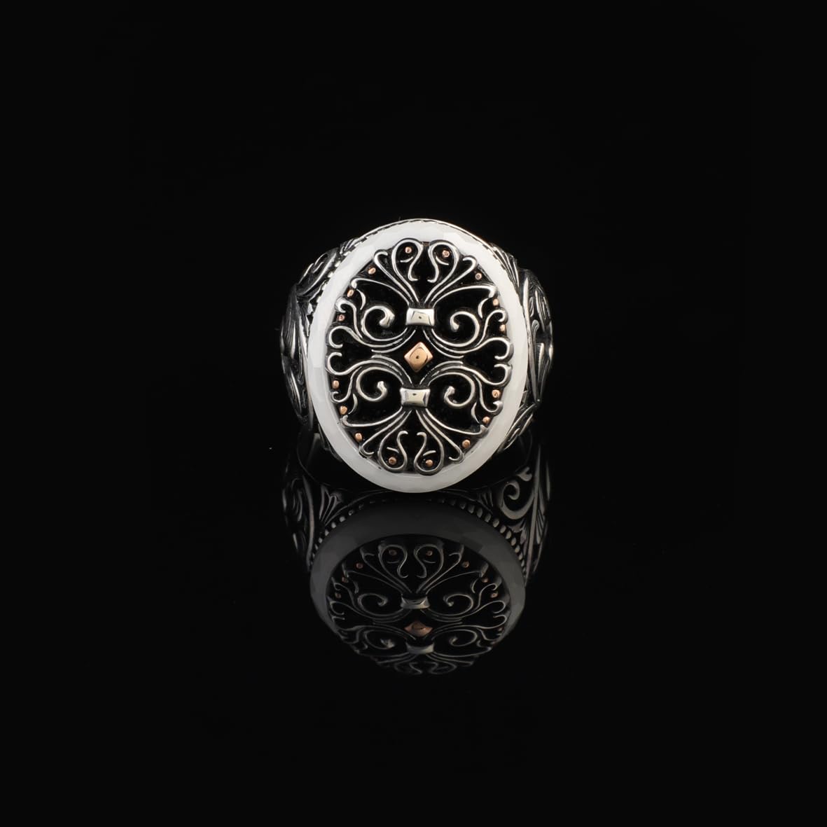 Handmade Mother of Pearl Pinky Ring - Vintage Ottoman Style Sterling Silver Engagement Ring for Men with Custom Engraving & Gift Silver Polishing Cloth