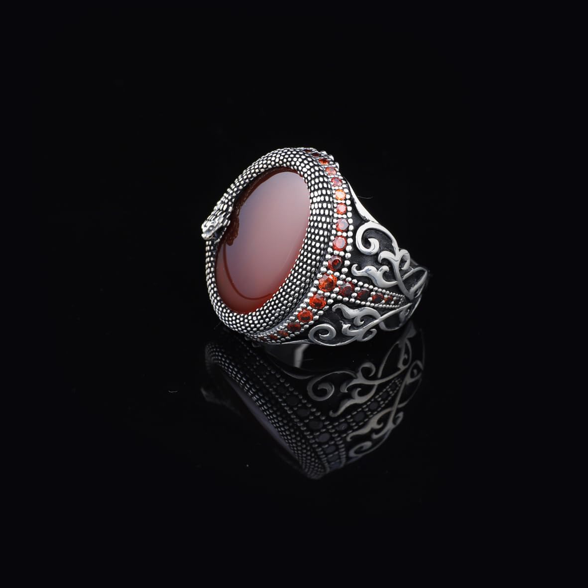 Handmade 925 Sterling Silver Snake Ring with Carnelian Gemstone - Men's Jewelry