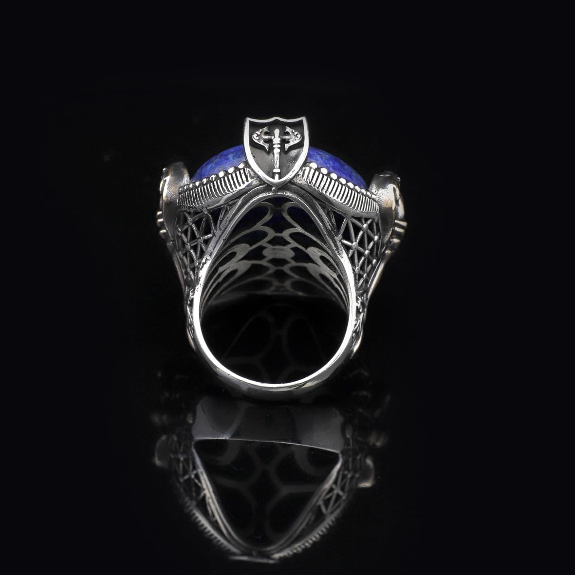 Handmade Large Lapis Lazuli Ax Ring - 925 Sterling Silver Men's Gemstone Jewelry with Silver Polishing Cloth Gift