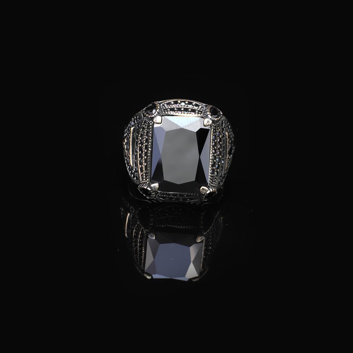 Square Ottoman Ring with Black Onyx - Stylish Square Ottoman Ring Featuring Black Onyx - Handcrafted 925 Sterling Silver Men's Ring - Birthday Gifts