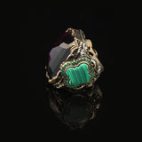 Amethyst & Malachite Ring – Large Statement Chunky Silver Whiskey Barrel Ottoman Vintage Ring – Engagement Promise Gift for Husband — image 5