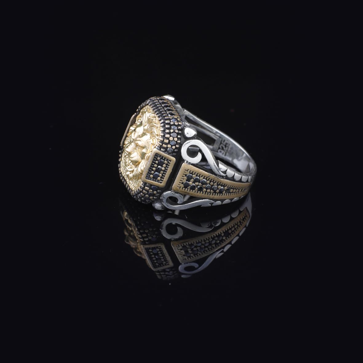Handmade Lion Custom Signet Ring for Men - Micro Onyx Gemstone