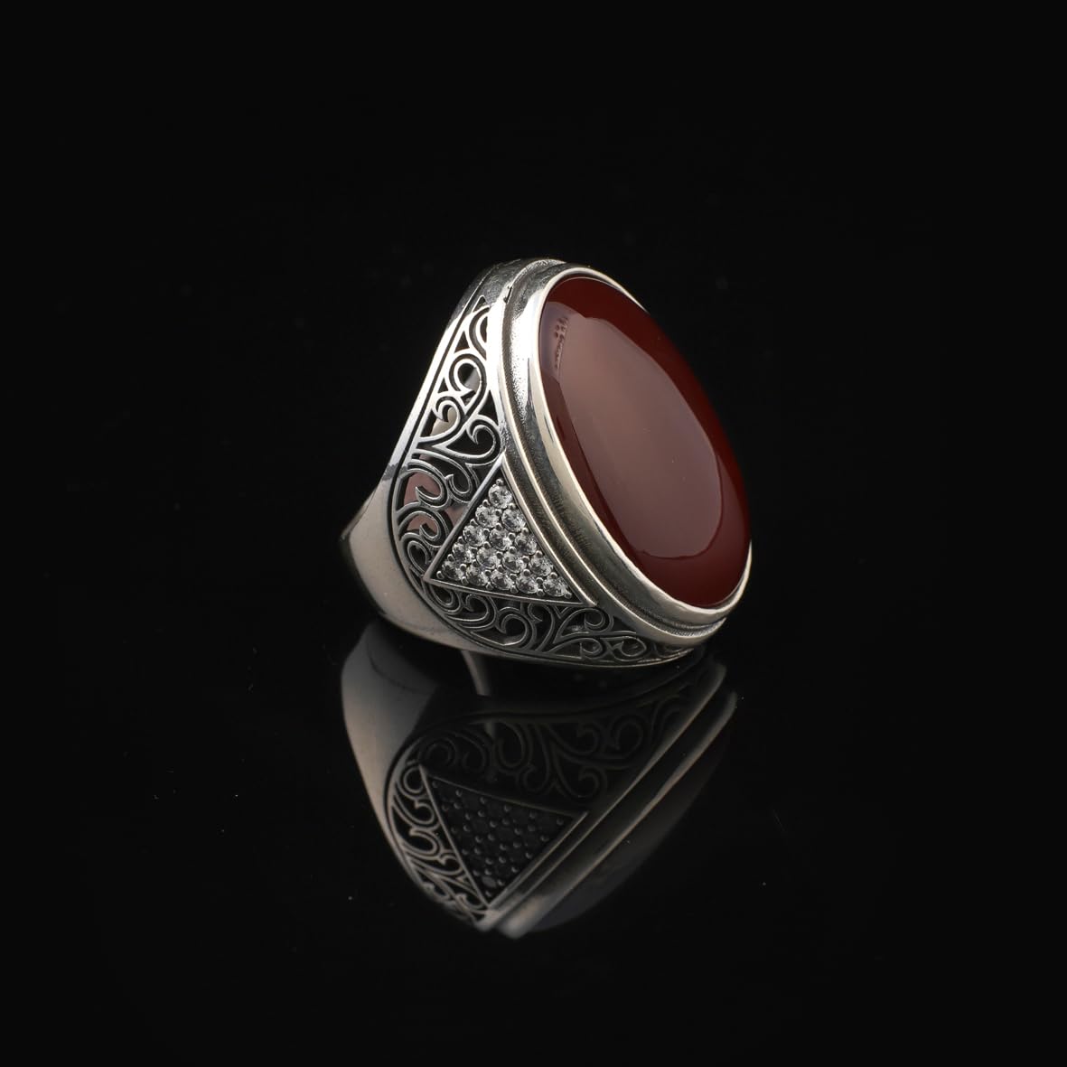 Carnelian Ring Sterling Silver for Men – Large Chunky Ottoman Gemstone Ring with Micro Sapphire – Handmade Vintage Engagement Ring with Custom Engraving