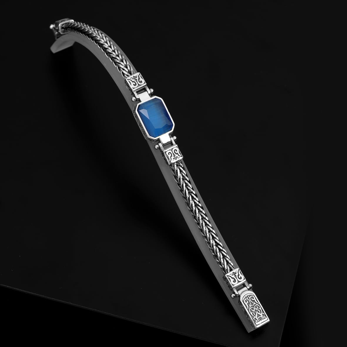 Aquamarine Gemstone Vintage Bracelet – Handmade Sterling Silver Gothic Chain Bracelet for Men – Personalized & Hand-Engraved