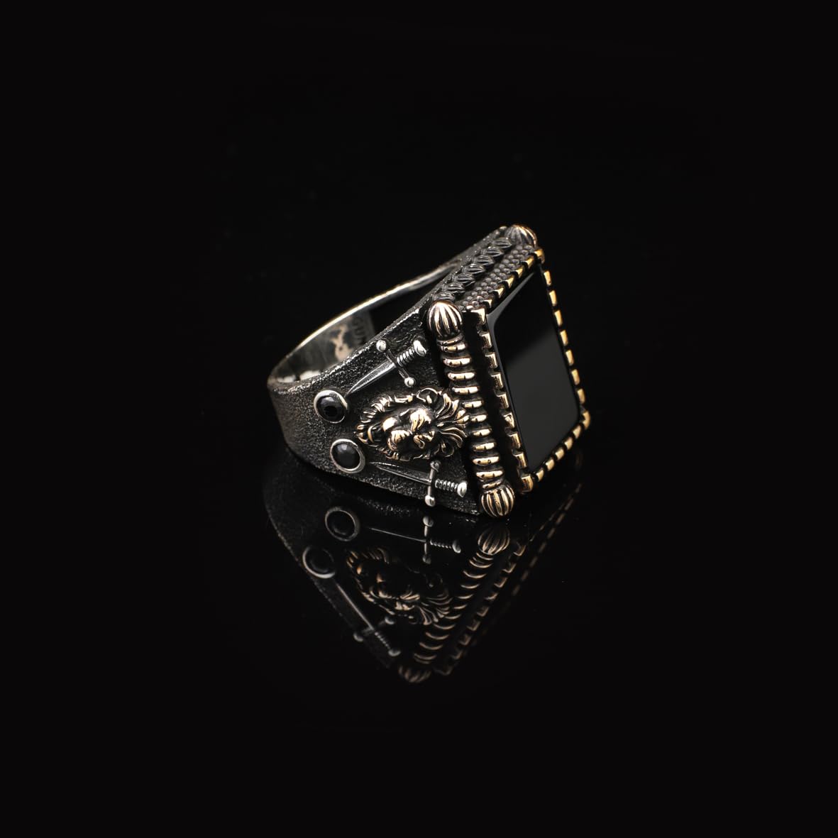 Vintage Lion Signet Onyx Ring with Sword Detail – Handmade Gemstone Sterling Silver Ring for Men