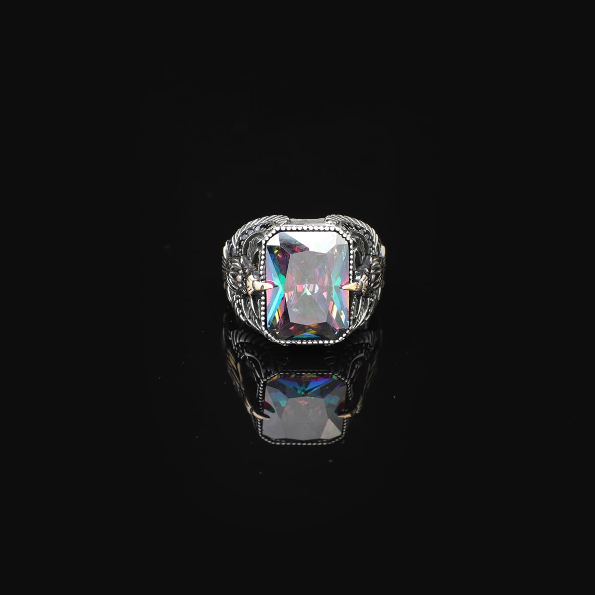 Mystic Topaz Ring with Eagle Design- Vintage Handmade Gemstone Men's Sterling Silver Ring - Includes Silver Polishing Cloth Gift