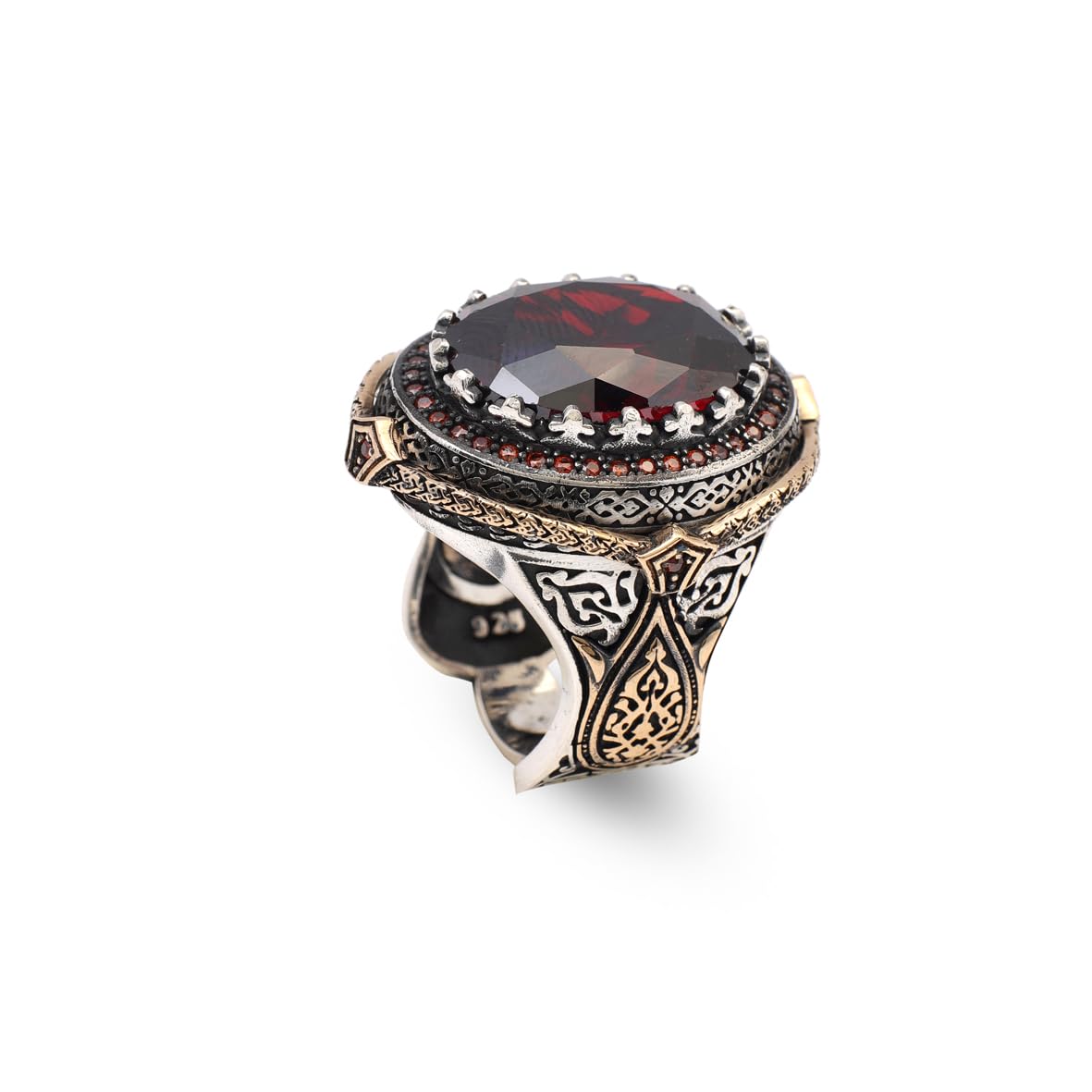Garnet Ring for Men – Ottoman Vintage Gemstone Handmade Sterling Silver Engagement Ring with Custom Engraving – Mens Silver Rings + Gift Silver Polishing Cloth