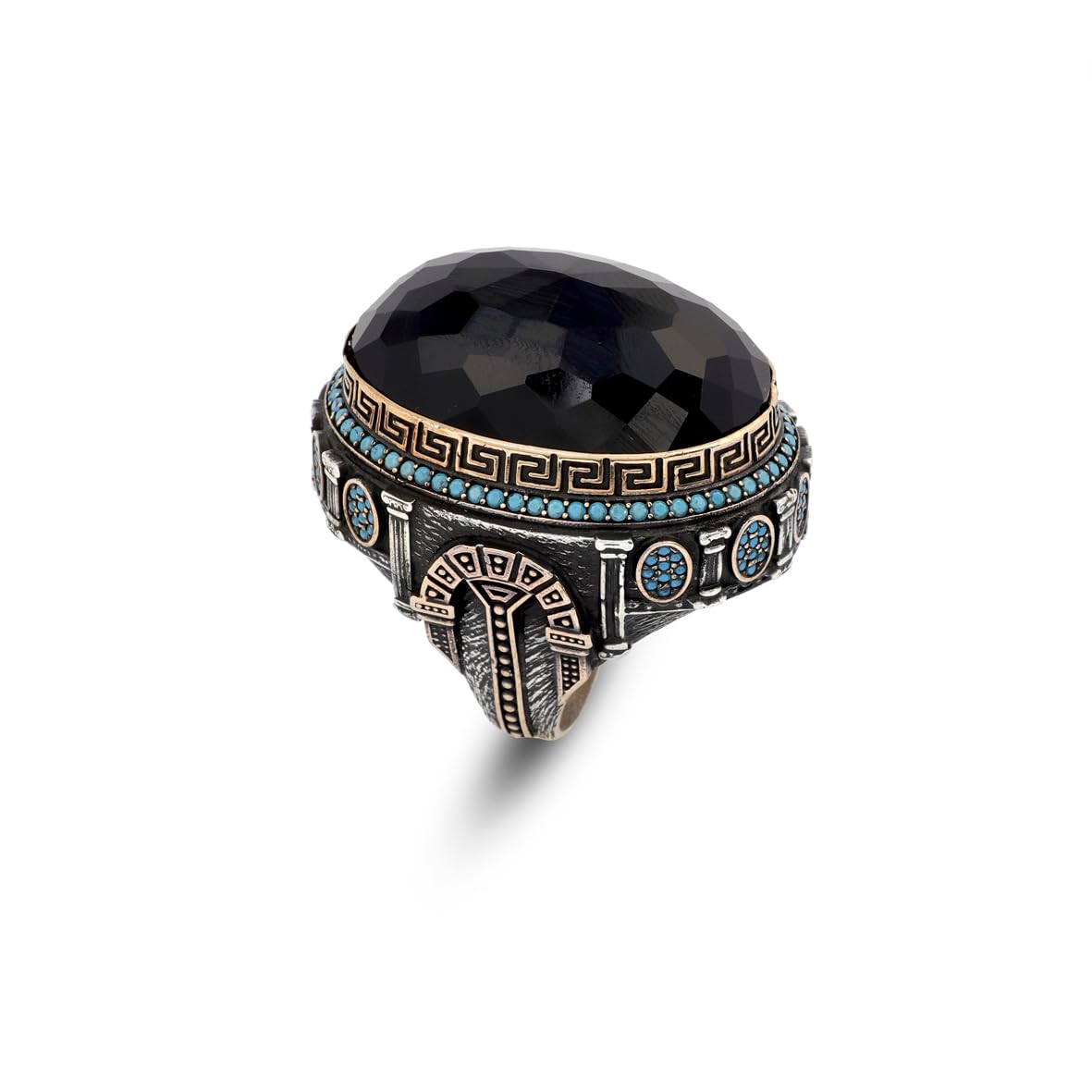 Black Onyx Ring with Micro Turquoise Stone – Large Oval Vintage Men’s Ring in Polished 925 Sterling Silver