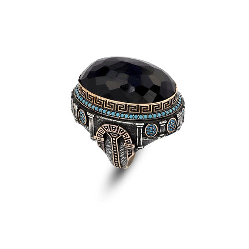 Black Onyx Ring with Micro Turquoise Stone – Large Oval Vintage Men’s Ring in Polished 925 Sterling Silver
