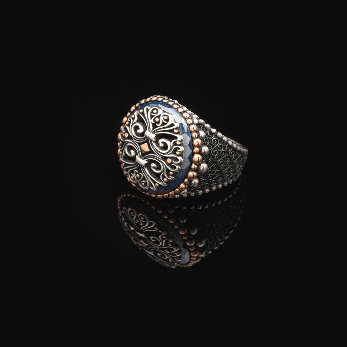 Vintage Embroidered Signet Ring with Blue Tiger Eye Gemstone - 925 Sterling Silver Men's Engagement Ring