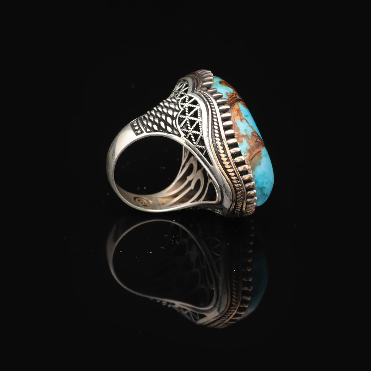 Special Turquoise Men’s Ring with Large Oval Stone – Vintage 925 Sterling Silver Ring