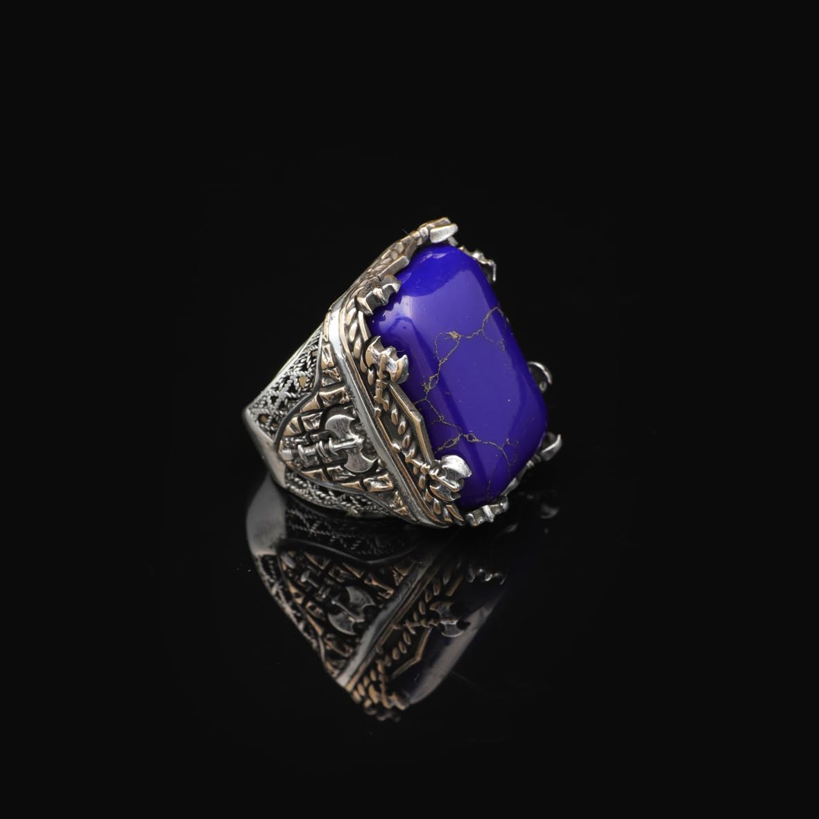Vintage Large Lapis Lazuli Ax Ring for Men - 925 Sterling Silver Turkish Handmade Polished Engagement Ring with Silver Polishing Cloth Gift