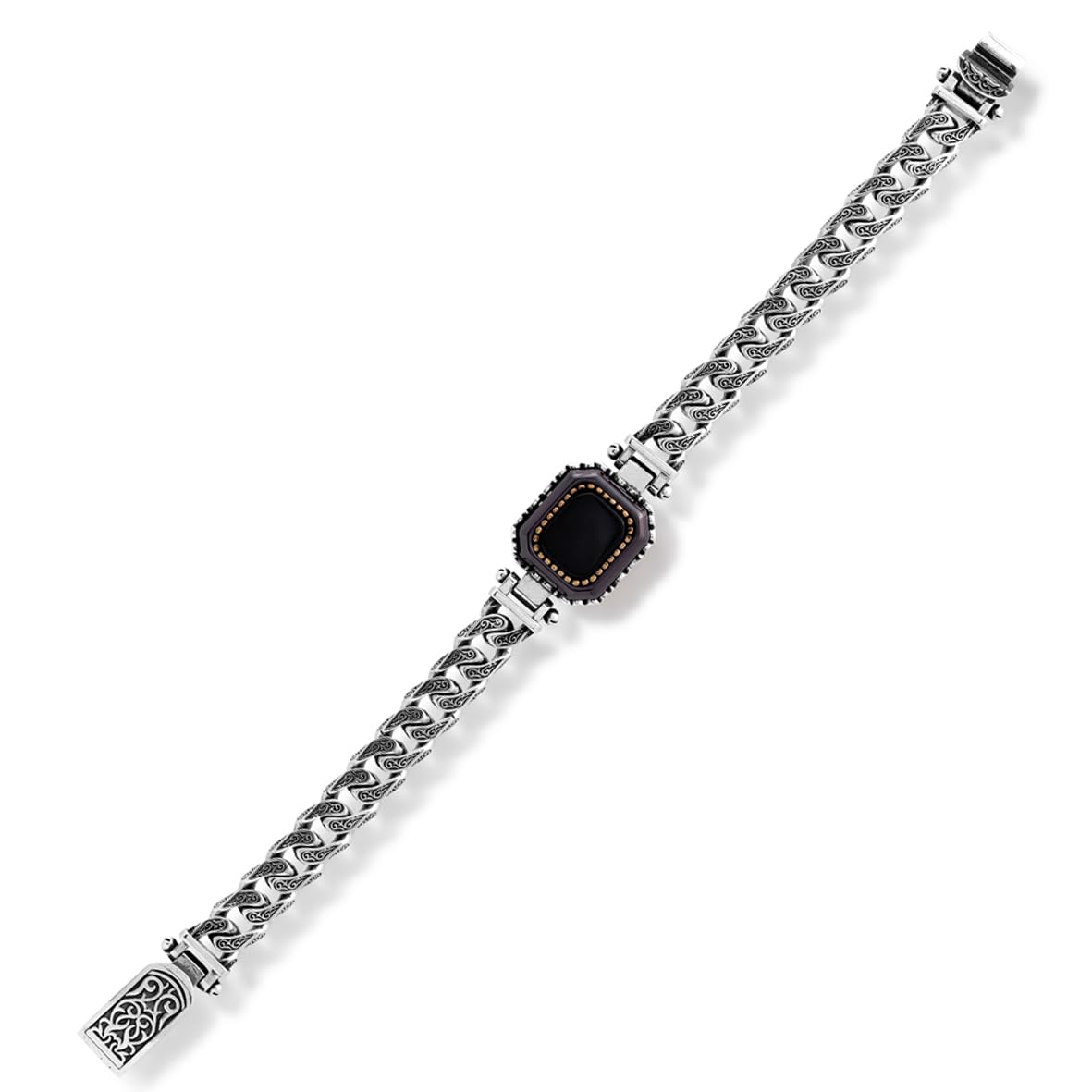 Made to Order Personalized Gothic Vintage Pattern 925 Sterling Silver Chain Bracelet for Men with Onyx Gemstone - Hand-Engraved Handmade Bracelet
