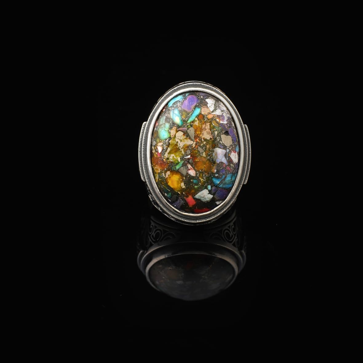 Turquoise Sterling Silver Ring for Men – Special Large Chunky Ring with Gemstone and Micro Sapphire – Ottoman Vintage Handmade Engagement Ring with Custom Engraving