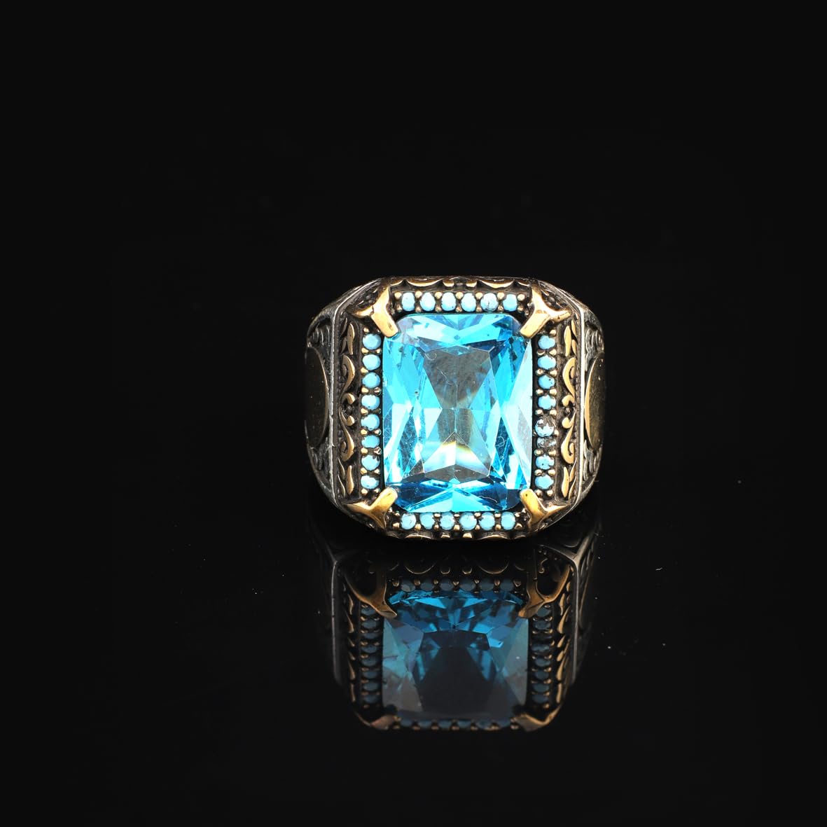 Mens Aquamarine Ottoman Ring – Handmade Sterling Silver Vintage Gemstone Engagement Ring with Custom Engraving and Gift Silver Polishing Cloth