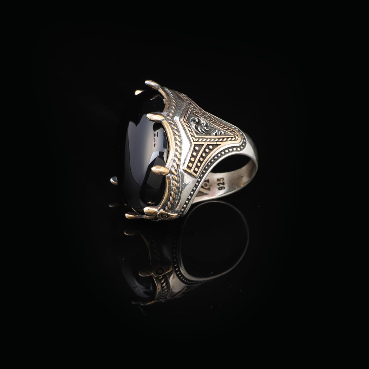 Vintage Men's Handmade Onyx Ring with Oval Gemstone - Large Ottoman Style 925 Sterling Silver Band - Includes Silver Polishing Cloth Gift