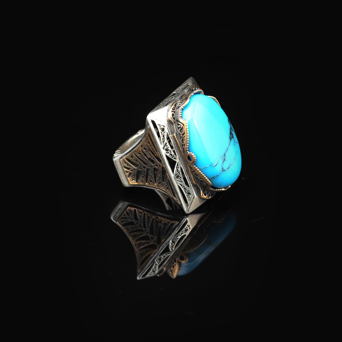 Handmade Turquoise Large Ring with Oval Stone - Vintage Ottoman Men's 925 Sterling Silver Gemstone Ring - Silver Polishing Cloth Gift
