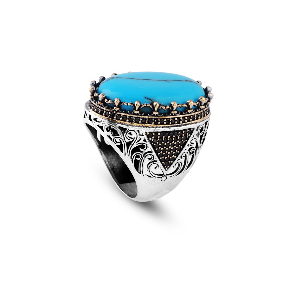 Men's Turquoise Ring with Micro Onyx Stone - Chunky Sterling Silver Gemstone Engagement Ring - Handmade Ottoman Style - Custom Engraving - Vintage Ring
