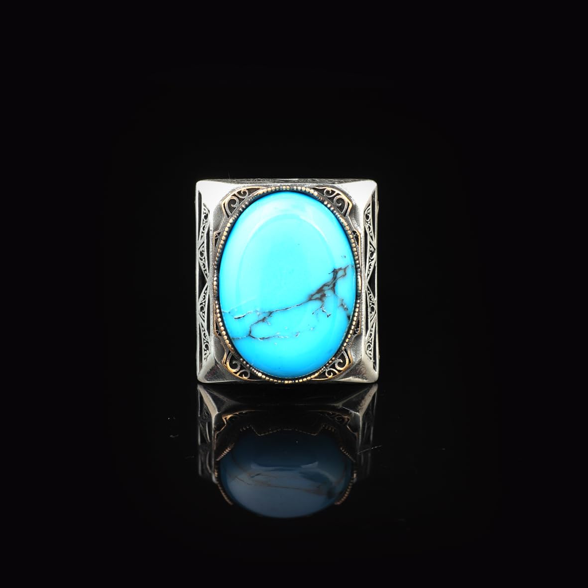 Handmade Turquoise Large Ring with Oval Stone - Vintage Ottoman Men's 925 Sterling Silver Gemstone Ring - Silver Polishing Cloth Gift
