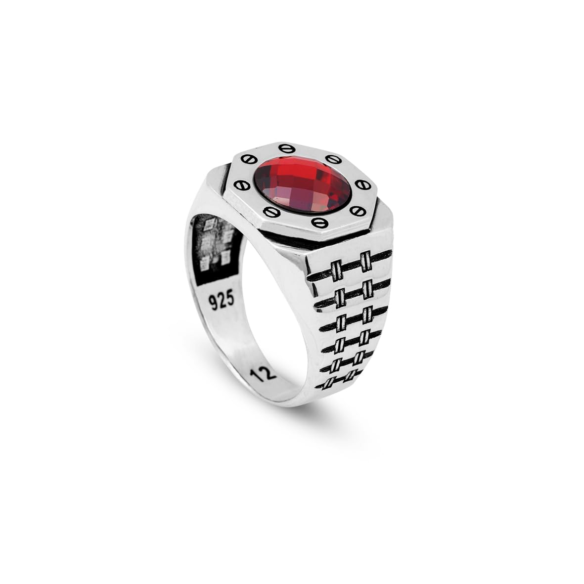 Handmade Garnet Gemstone Round Stone Watch Band Model Ring for Men Vintage 925 Sterling Silver