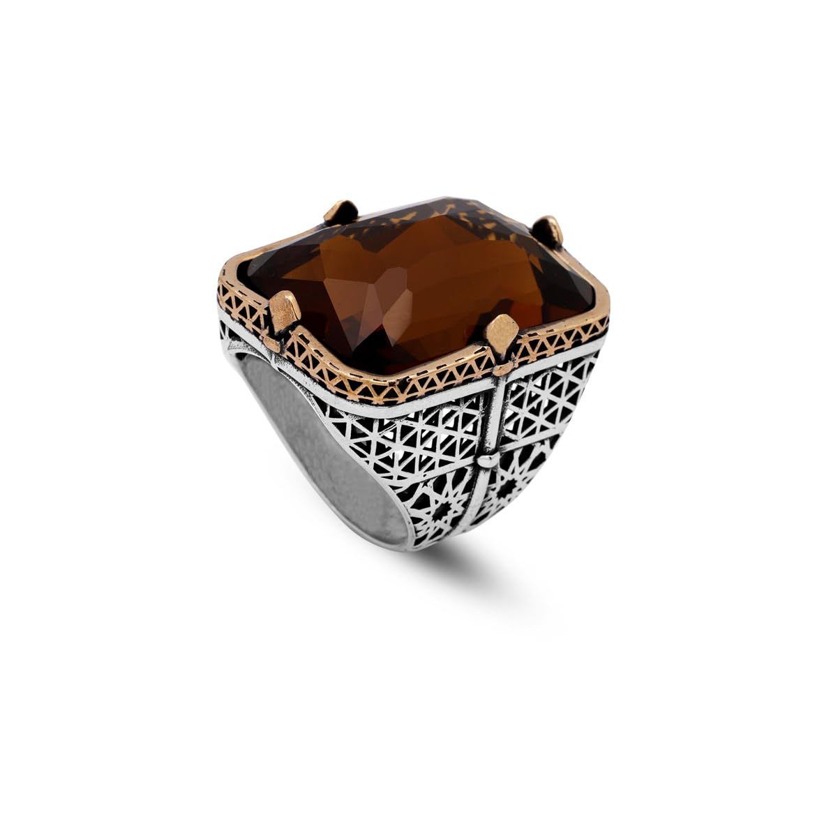 Vintage Large Citrine Ring for Men - 925 Sterling Silver Turkish Handmade Polished Engagement Ring with Silver Polishing Cloth Gift