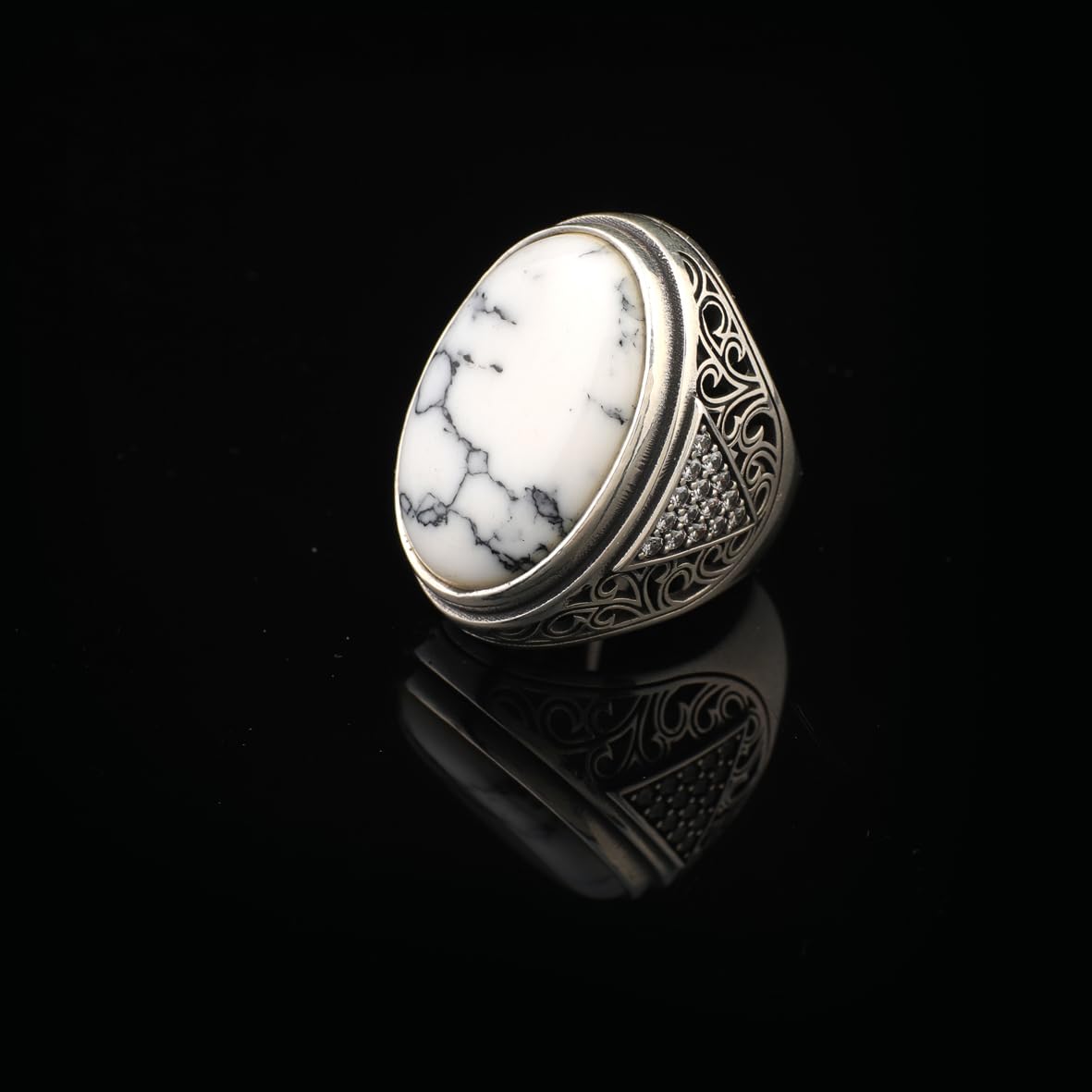 Mens White Turquoise Ring – Chunky Sterling Silver Ring with Micro Sapphire