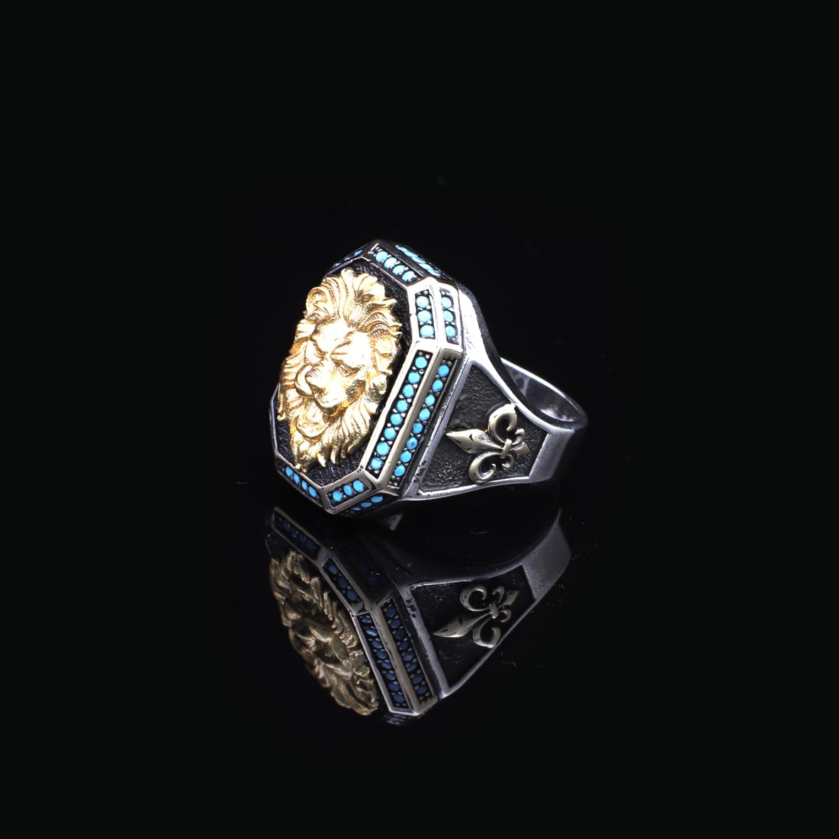 Men's 925 Sterling Silver Lion Ring with Turquoise - Men's Lion Ring in 925 Sterling Silver - Birthday Gifts