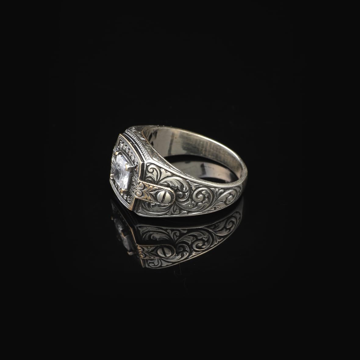 Vintage White Sapphire Pinky Ring - Men's Gemstone Engagement Ring in 925 Sterling Silver - Turkish Handmade Polished Ring with Micro Stone and Silver Polishing Cloth Gift