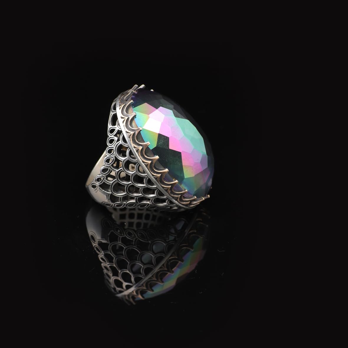 Mystic Topaz Ring - Oval Stone Large Gemstone Ring Men Vintage Ottoman Handmade 925 Sterling Silver Rings with Silver Polishing Cloth Gift
