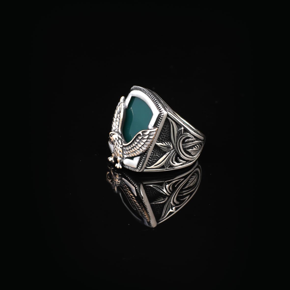 Handmade Jade Gemstone Eagle Ring for Men Vintage 925 Sterling Silver