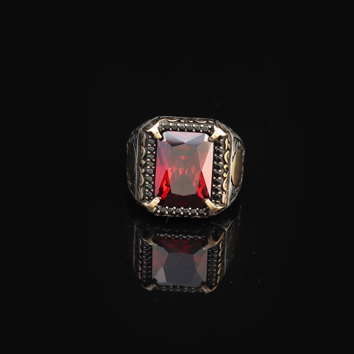 Handmade Mens Sterling Silver Garnet Ring – Ottoman Vintage Gemstone Engagement Ring with Custom Engraving & Gift Silver Polishing Cloth