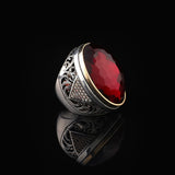 Men’s Chunky Sterling Silver Garnet and Micro Sapphire Ring – Handmade Ottoman Gemstone Ring with Vintage Design — image 4