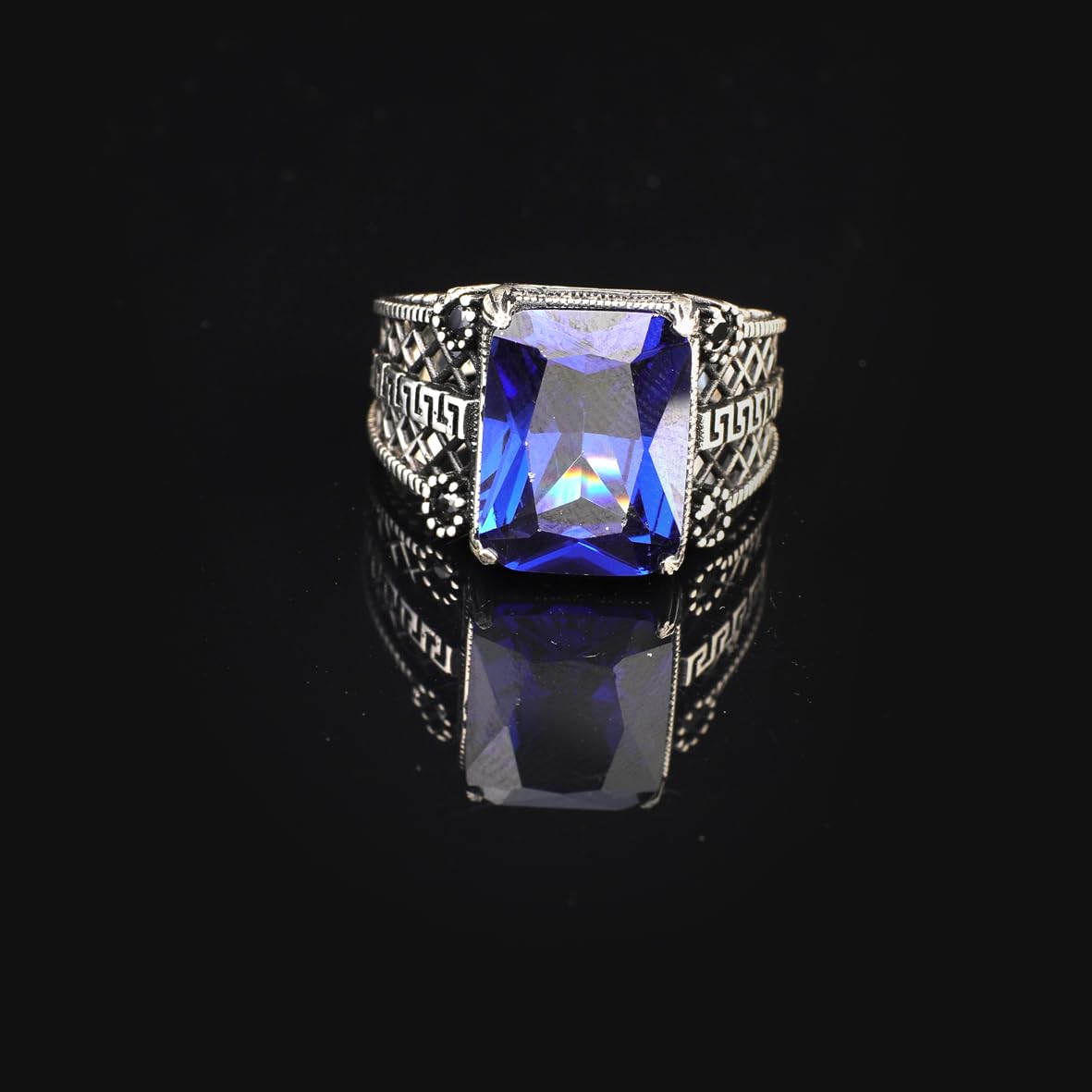 Mens Sapphire Ring – Handmade Ottoman Style Sterling Silver Gemstone Engagement Ring with Custom Engraving and Gift Silver Polishing Cloth