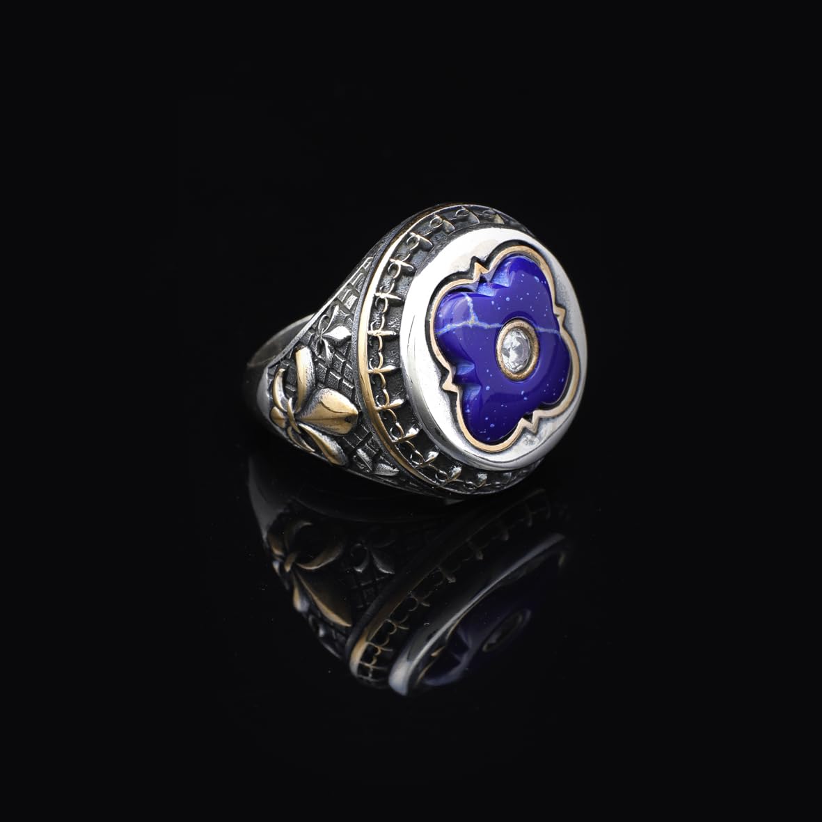 Lapis Lazuli Ring with Micro Sapphire: Vintage Handmade 925 Sterling Silver Men's Gemstone Ring with Silver Polishing Cloth Gift