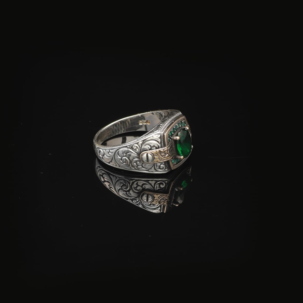 Vintage Emerald Micro Stone Ring - Men's Gemstone Engagement Ring in 925 Sterling Silver - Turkish Handmade Polished Ring with Silver Polishing Cloth Gift