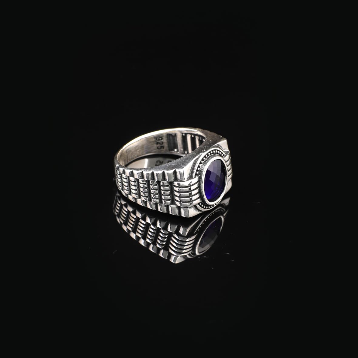 Handmade Blue Sapphire Oval Stone Watch Band Model Gemstone Ring for Men Vintage 925 Sterling Silver