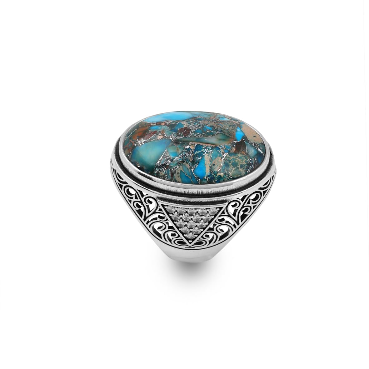Handmade Special Turquoise Gemstone Ring – Large Chunky Ottoman Sterling Silver Ring for Men – Micro Sapphire Accent – Vintage Style Engagement Ring with Custom Engraving