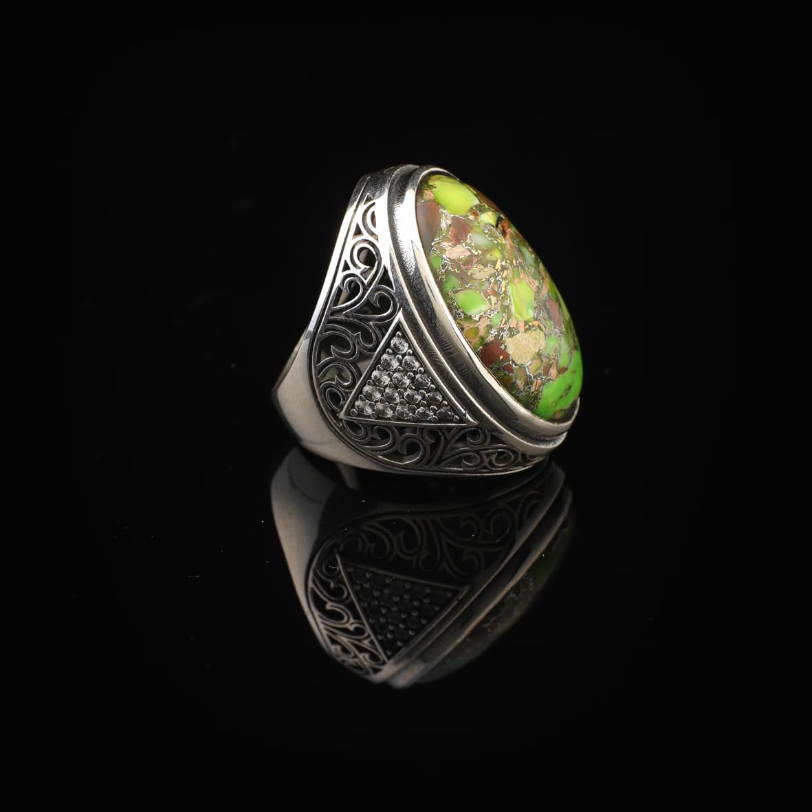 Sterling Silver Mens Turquoise Ring – Large Chunky Ring with Micro Sapphire Stone