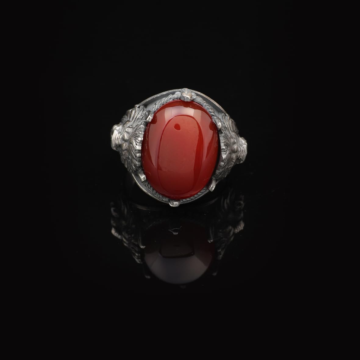 Handmade Carnelian Lion Ring - 925 Sterling Silver Oval Stone Signet Ring for Men