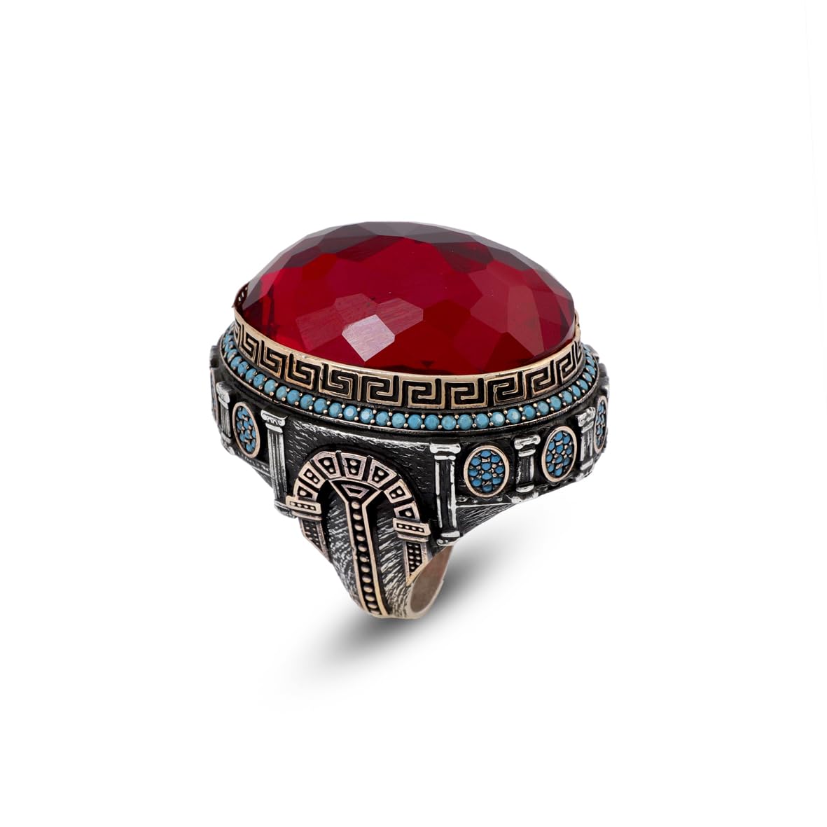 Garnet and Micro Turquoise Ring – Large Oval Vintage Men’s Ring in Polished 925 Sterling Silver