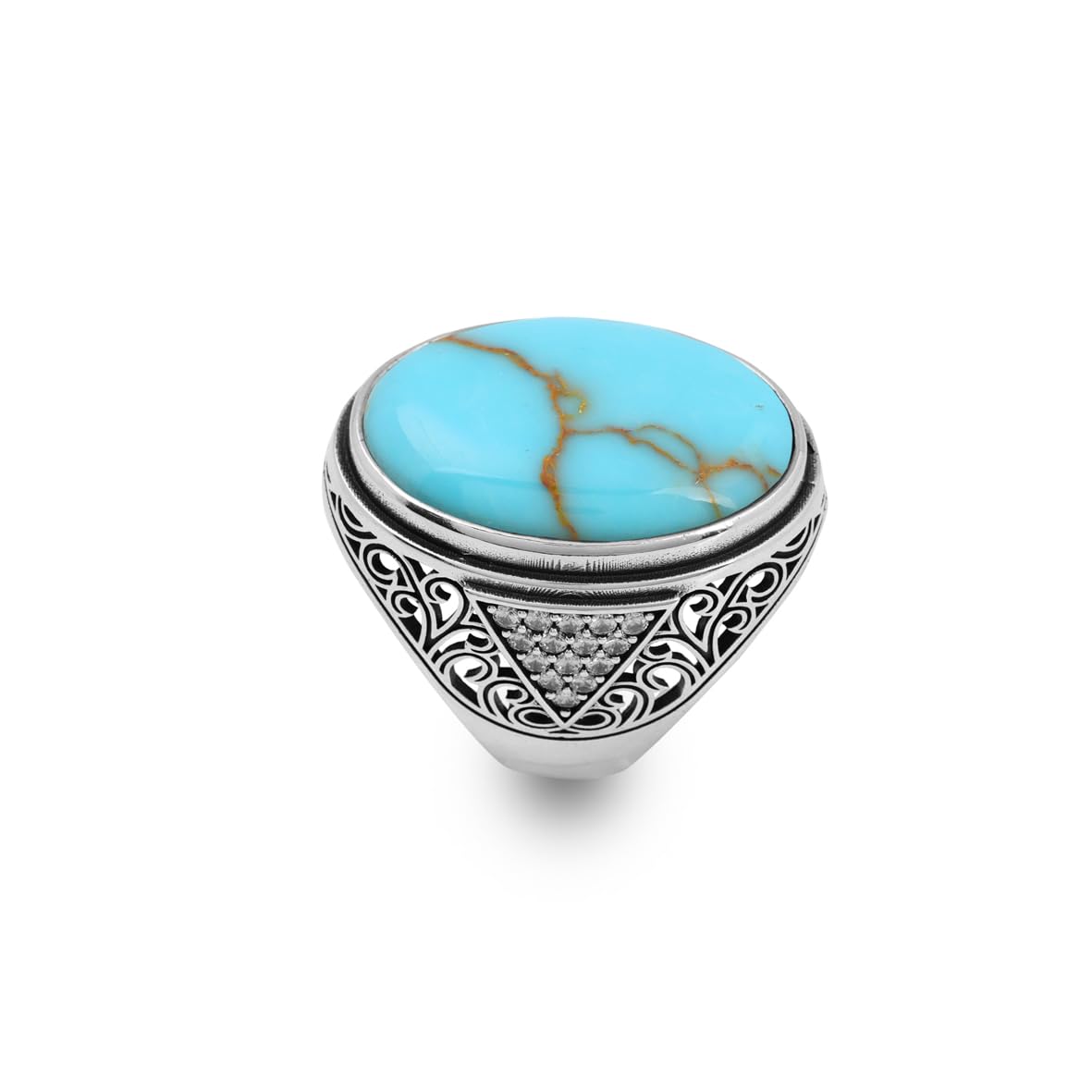 Large Turquoise Ring for Men – Chunky Sterling Silver Gemstone Ring with Micro Sapphire Stone