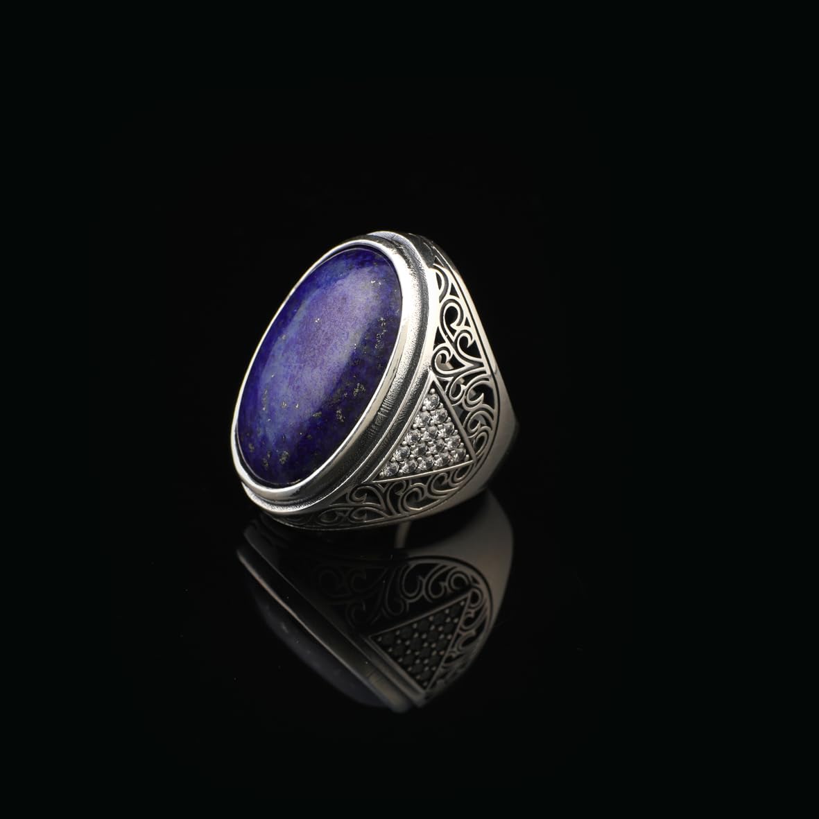 Lapis Lazuli Ring – Large Chunky Sterling Silver Ottoman Gemstone Ring with Micro Sapphire – Handmade Vintage Men’s Engagement Ring with Custom Engraving