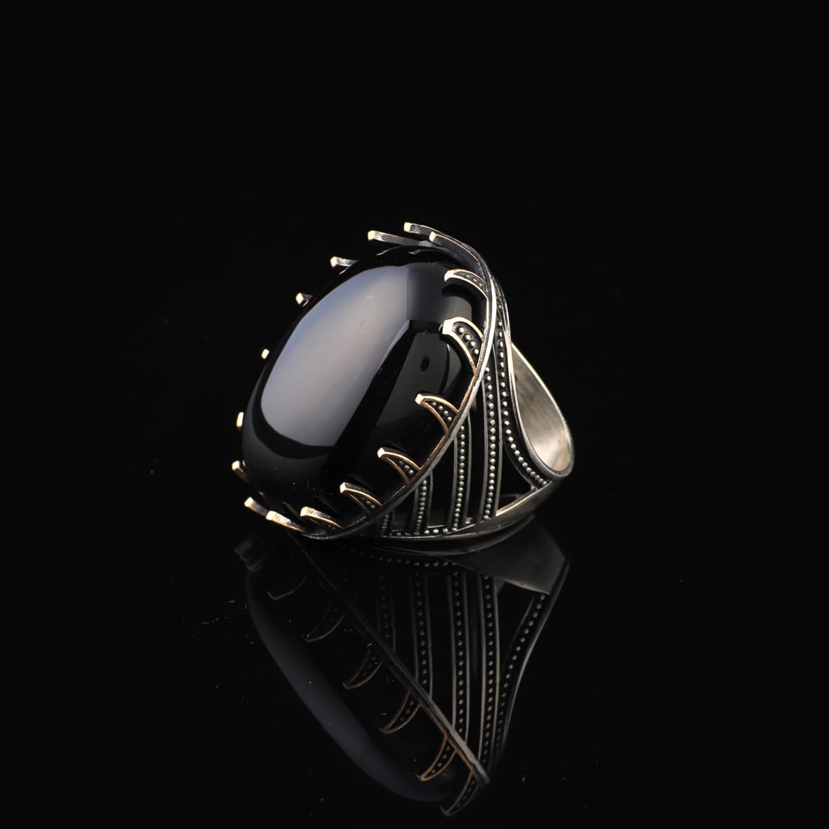 Men's Black Onyx Ring - Chunky Sterling Silver Engagement Ring with Ottoman Design
