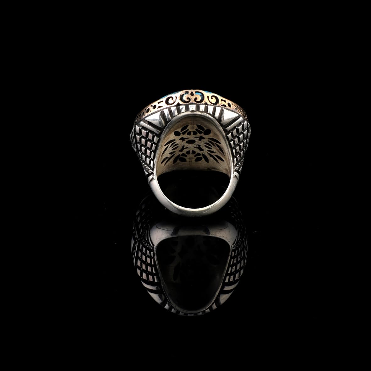 Handmade Ottoman-Style Herringbone Turquoise Ring for Men – Chunky Sterling Silver Engagement Ring with Vintage Gemstone