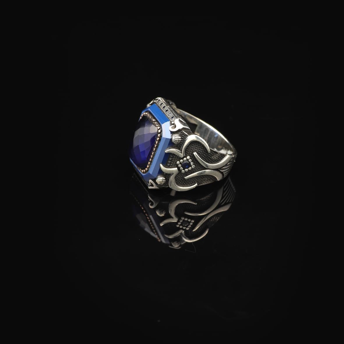 Vintage Blue Sapphire Ring - Handmade Men's Gemstone Ring in 925 Sterling Silver - Polished Turkish Engagement Ring with Silver Polishing Cloth Gift