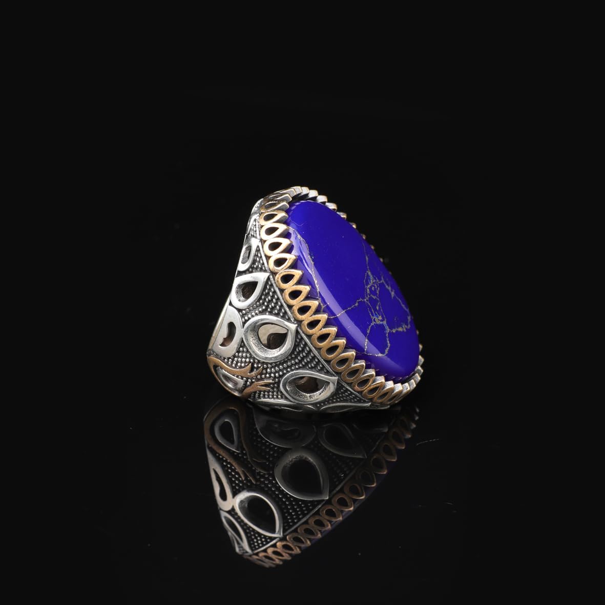 Lapis Lazuli Oval Gemstone Ring - Large Handmade Ottoman Style 925 Sterling Silver Men's Ring with Silver Polishing Cloth Gift
